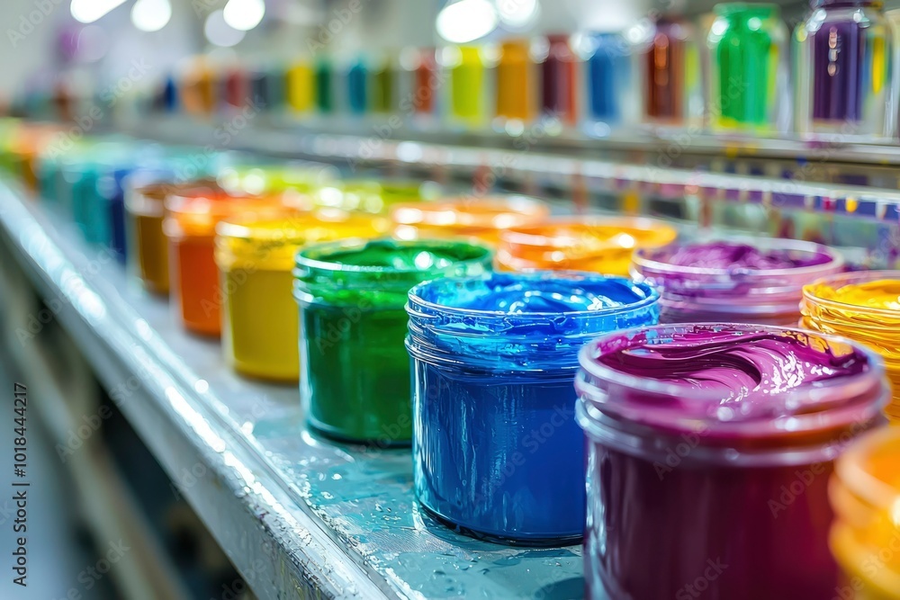 Colorful Jars of Printing Ink Arranged on a Shelf Colorful Jars of Printing Ink Arranged on a Shelf