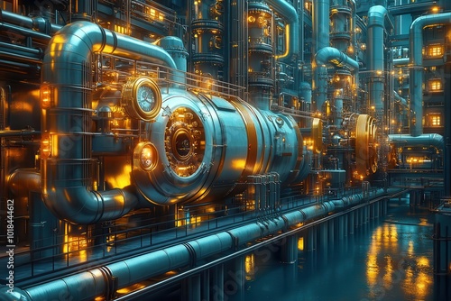 intricate 3d rendering of a futuristic buildings complex piping system showcasing a maze of gleaming metal tubes valves and gauges in a steampunkinspired industrial aesthetic