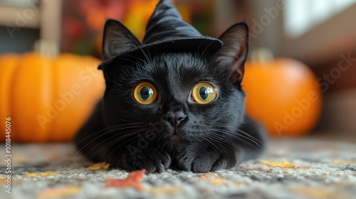 Cute black cat wearing a witchâ€™s hat
