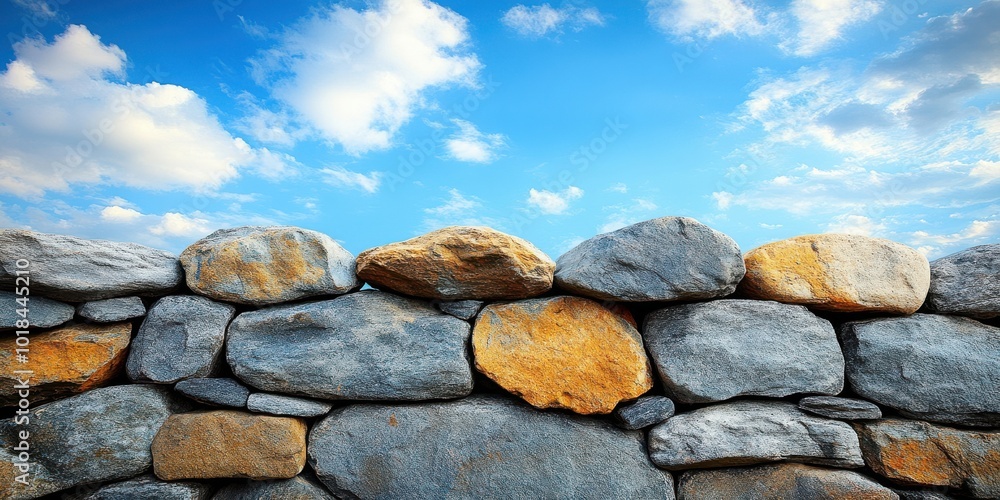 A stone wall of weathered rocks and boulders against a backdrop of a clear blue sky with fluffy white clouds, suggesting a sense of resilience and hope. A stone wall of weathered rocks and boulders against a backdrop of a clear blue sky with fluffy white clouds, suggesting a sense of resilience and hope.