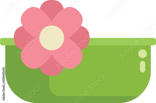 Pink flower resting on edge of green basin representing concept of spa treatment