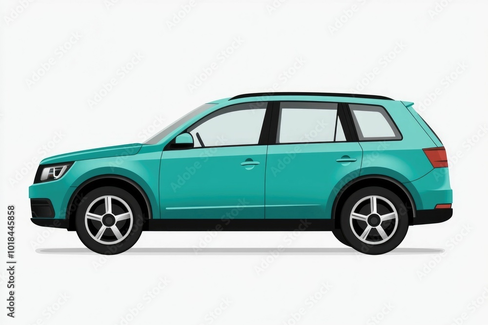 Minimalist of a modern compact turquoise SUV or crossover vehicle with simple flat design elements showcasing the car s body windows side mirrors and wheels for transportation travel Minimalist of a modern compact turquoise SUV or crossover vehicle with simple flat design elements showcasing the car s body windows side mirrors and wheels for transportation travel