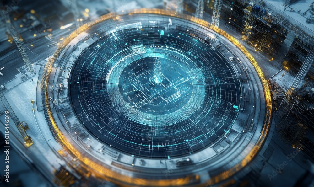 Fototapeta premium Aerial view of industrial facility with digital interface.