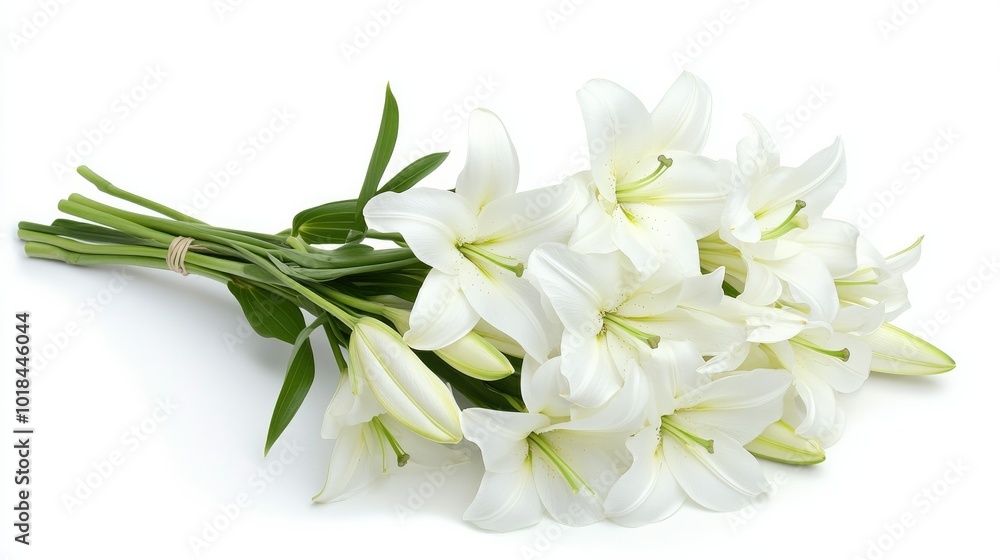A simple bunch of white lilies with green stems, arranged neatly on a clean white background. A simple bunch of white lilies with green stems, arranged neatly on a clean white background.