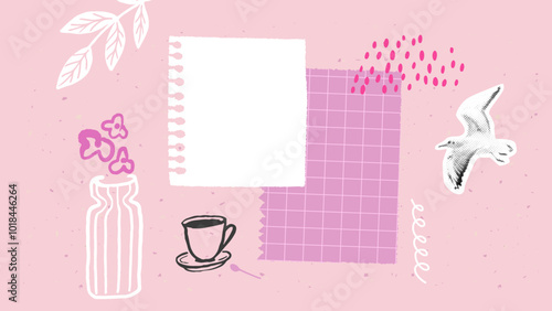 Pink journal paper collage, blank copybook page decorated with cutout halftone bird, vase with flowers. Vision board abstract doodle paper, checkered pattern note background