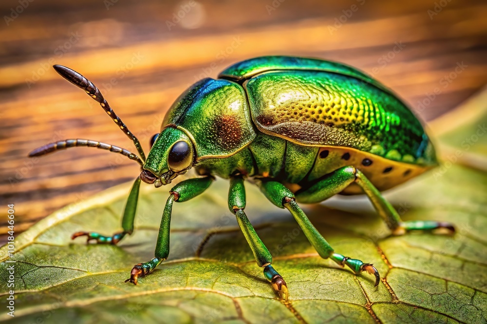 Naklejka premium Green and gold beetle with intricate details and patterns Wide-Angle