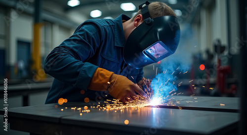 A man in a blue jacket is welding metal