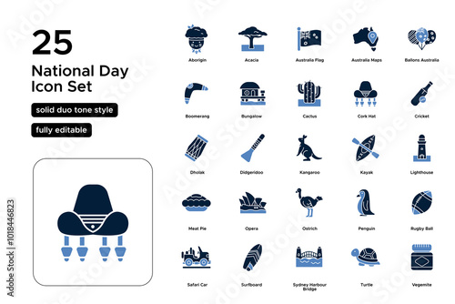 National Day Solid Duo Tone Icon Set: Unity, National Identity, Traditions, and Celebratory Events Icons