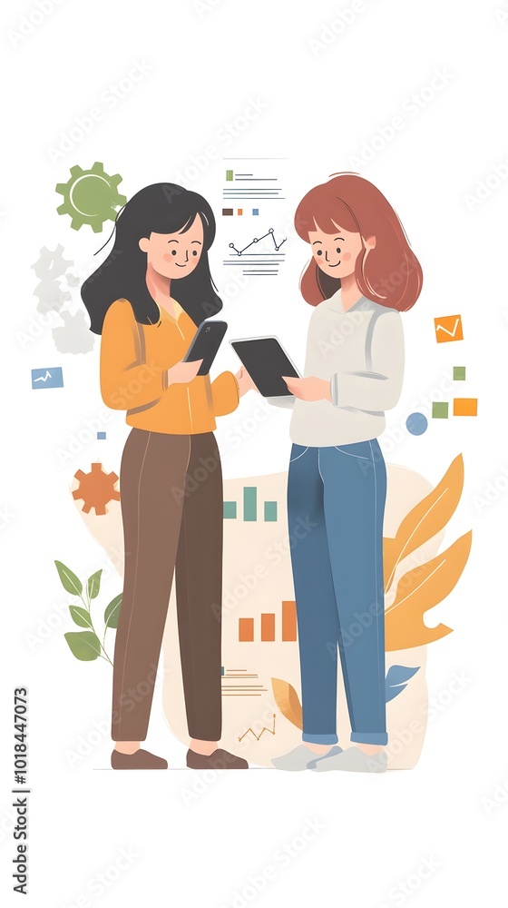 Two women working together on digital marketing, flat vector illustration with white background and colorful icons Two women working together on digital marketing, flat vector illustration with white background and colorful icons