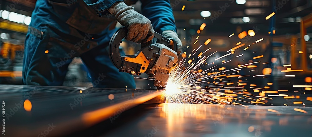 Close-up of a worker operating an angle grinder, cutting metal, with bright sparks flying off the surface during the process Close-up of a worker operating an angle grinder, cutting metal, with bright sparks flying off the surface during the process