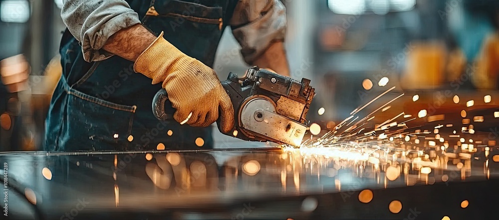 Close-up of a worker operating an angle grinder, cutting metal, with bright sparks flying off the surface during the process Close-up of a worker operating an angle grinder, cutting metal, with bright sparks flying off the surface during the process