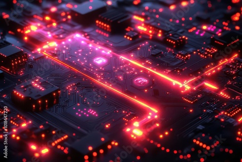 intricate circuit board pattern forming abstract technological wallpaper glowing lines and components on dark background create futuristic digital aesthetic