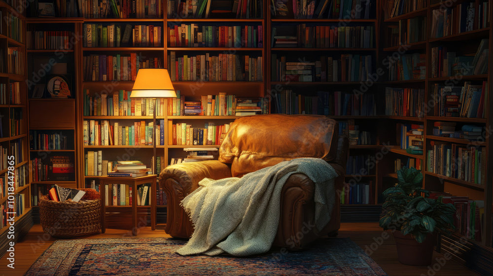 A cozy reading corner featuring a plush armchair surrounded by bookshelves filled with colorful books, a soft blanket draped over the chair, and a warm lamp casting a gentle glow A cozy reading corner featuring a plush armchair surrounded by bookshelves filled with colorful books, a soft blanket draped over the chair, and a warm lamp casting a gentle glow