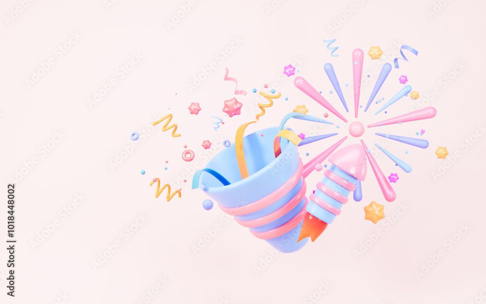 Cartoon firecracker and rocket with explosion confetti. Birthday surprise, holiday and event celebration, 3d rendering. Cartoon firecracker and rocket with explosion confetti. Birthday surprise, holiday and event celebration, 3d rendering.