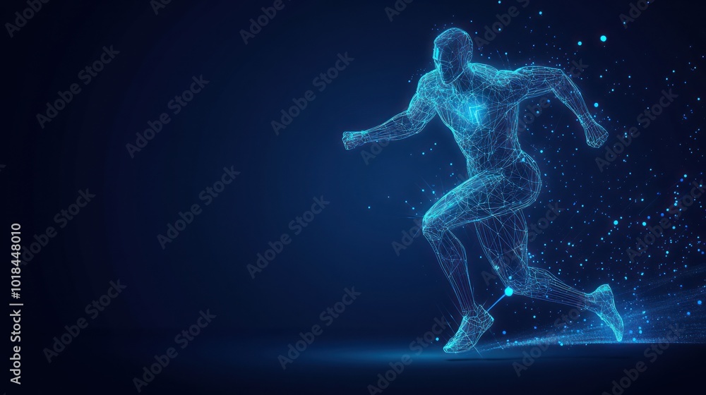 Blue wireframe hologram of athlete running for sport technology and futuristic digital elements. Blue wireframe hologram of athlete running for sport technology and futuristic digital elements.