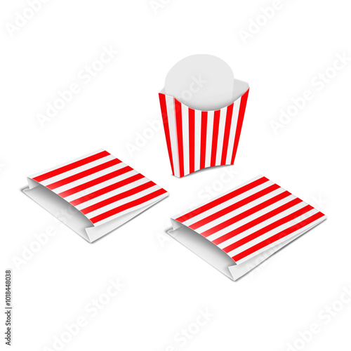 Paper french fry box and paper pouch bags. White and red striped design. Isolated 3d mockup. Easy editable. Fast street food paperboard packaging set. Realistic vector mock-up