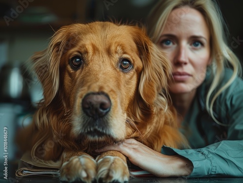 Close-up of a doctor in scrubs taking notes while touching aa dog head at the clinic, close-up view with focus on the hands and facial expression.  photo