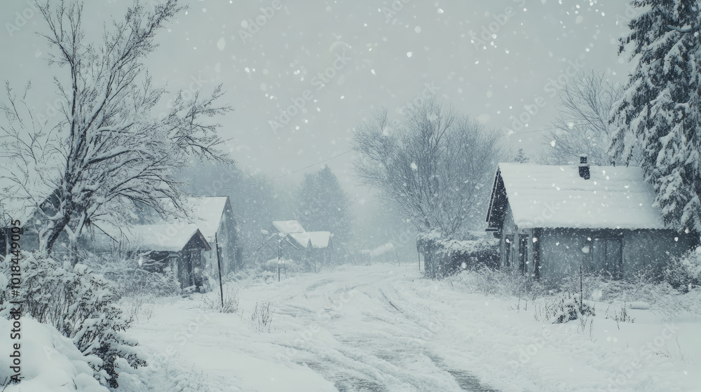 Naklejka premium A heavy snowstorm in a rural village, with snow-covered houses, trees bending under the weight of snow, and limited visibility as the wind blows fiercely through the streets