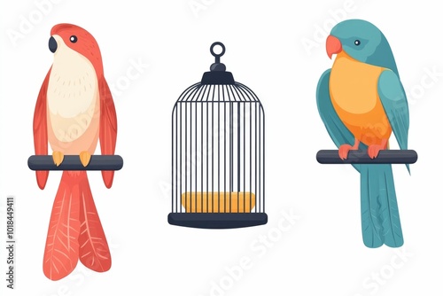 depicting a bird cage  water feeder  and perch grouped together on a clean white background  This image could be used to represent concepts related to wildlife  domestic pets  captivity  freedom photo