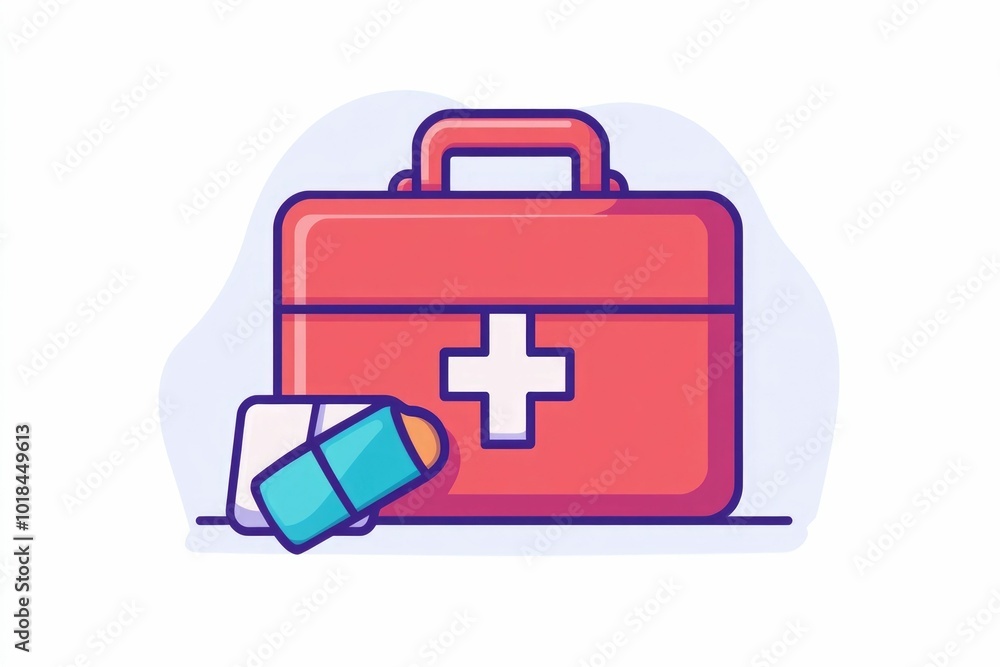 Minimalist icon design depicting a simple first aid kit with a bandage and medical cross symbol isolated on a clean white background representing healthcare Minimalist icon design depicting a simple first aid kit with a bandage and medical cross symbol isolated on a clean white background representing healthcare