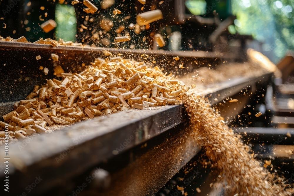 Wood Pellets Flowing Through a Conveyor Belt Wood Pellets Flowing Through a Conveyor Belt