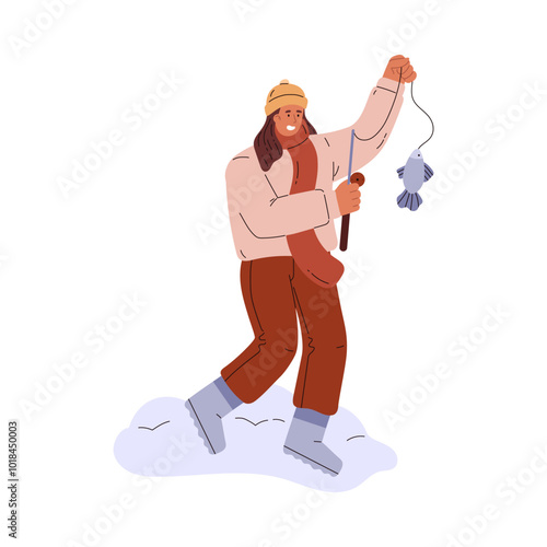 Vector illustration depicting a fisherman man holding a fishing rod and a caught fish.