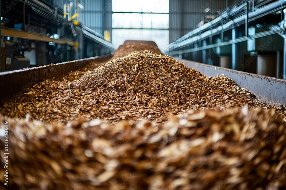 Wood Chips Conveyor Belt in Industrial Setting Wood Chips Conveyor Belt in Industrial Setting