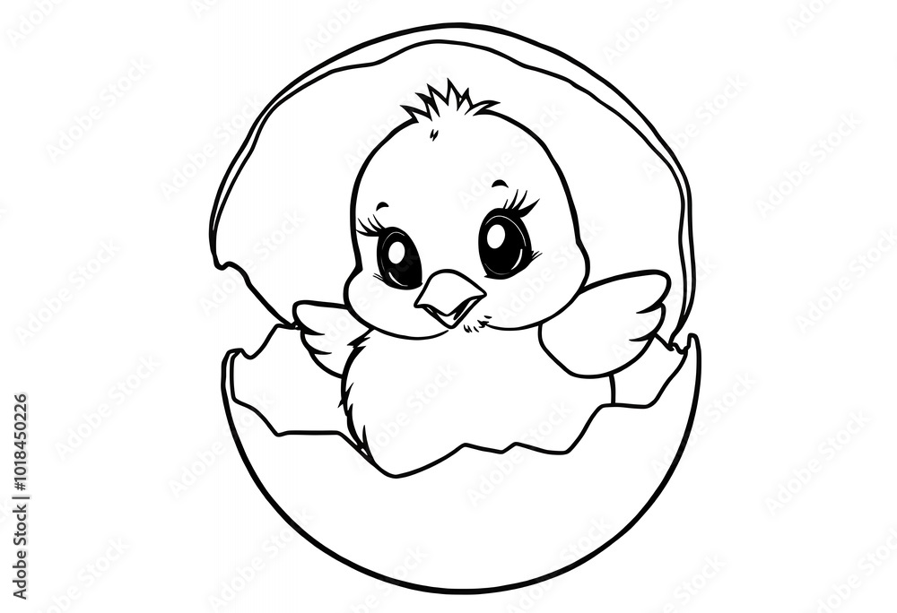 Fototapeta premium Cute Baby Chick Hatching from Egg Black and White Illustration