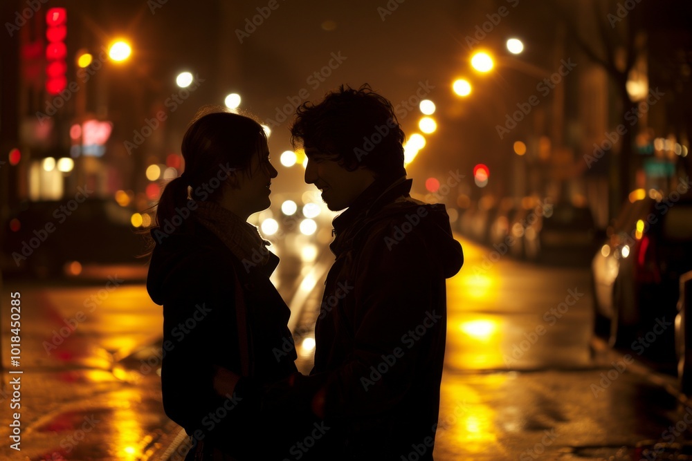 Young couple in love walking on the street at night. Blurred background Young couple in love walking on the street at night. Blurred background