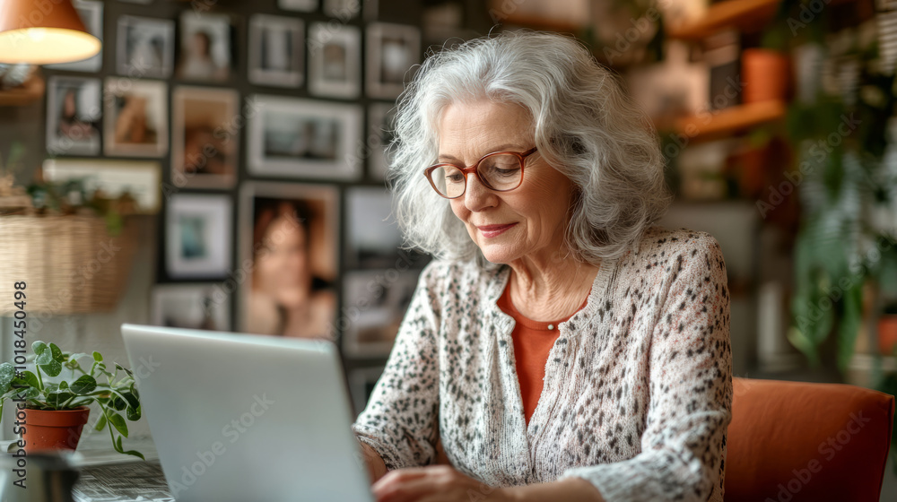 A senior blogger typing on a laptop with a photo gallery on the screen, capturing her vibrant lifestyle and her passion for sharing stories with the world A senior blogger typing on a laptop with a photo gallery on the screen, capturing her vibrant lifestyle and her passion for sharing stories with the world