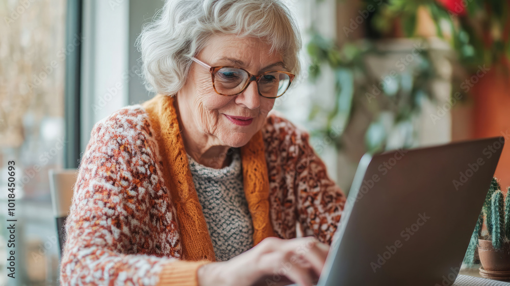 A senior blogger typing on a laptop with a photo gallery on the screen, capturing her vibrant lifestyle and her passion for sharing stories with the world A senior blogger typing on a laptop with a photo gallery on the screen, capturing her vibrant lifestyle and her passion for sharing stories with the world