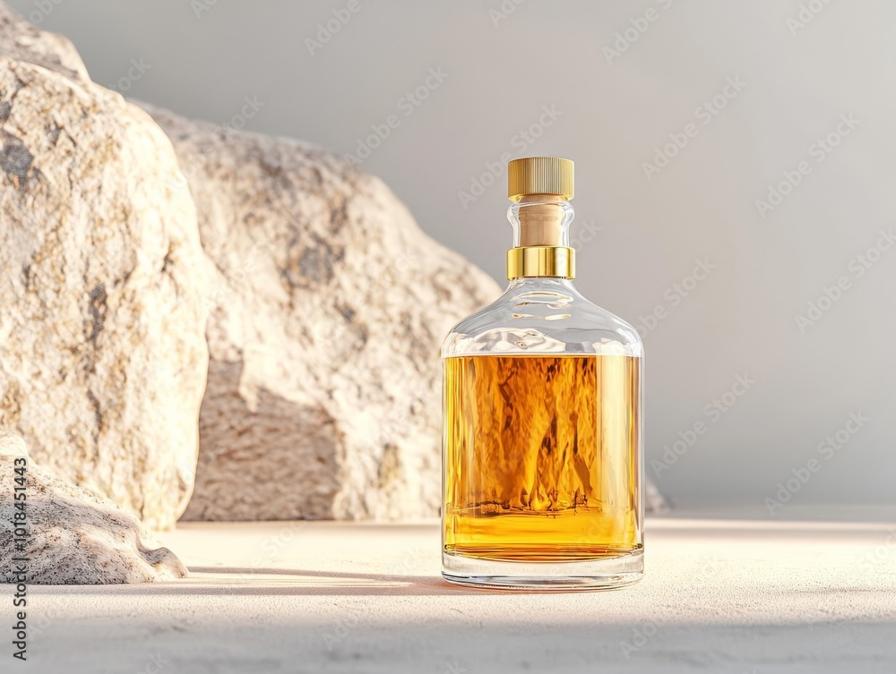 Whiskey bottle with golden accents, standing in front of textured stone background, illuminated by side light, luxury whiskey concept, 3D render concept Whiskey bottle with golden accents, standing in front of textured stone background, illuminated by side light, luxury whiskey concept, 3D render concept