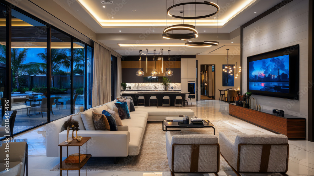 A spacious modern living room showcasing an open floor plan, featuring a flat-screen TV, comfortable seating, and artistic lighting fixtures A spacious modern living room showcasing an open floor plan, featuring a flat-screen TV, comfortable seating, and artistic lighting fixtures