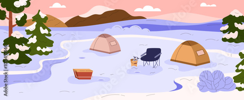 Illustration of winter forest landscape with frozen lake and tents for ice fishing.
