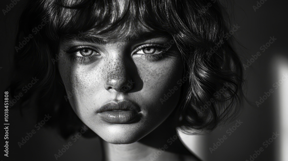 A striking black and white portrait of a person with deep shadows across their face, emphasizing strong emotions and timeless elegance A striking black and white portrait of a person with deep shadows across their face, emphasizing strong emotions and timeless elegance