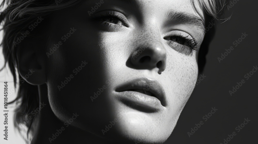 Fototapeta premium A striking black and white portrait of a person with deep shadows across their face, emphasizing strong emotions and timeless elegance