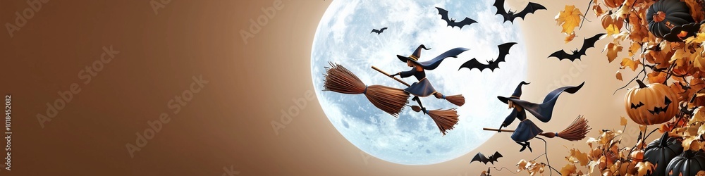 Celebrating Halloween with Witches Flying Under a Full Moon Celebrating Halloween with Witches Flying Under a Full Moon