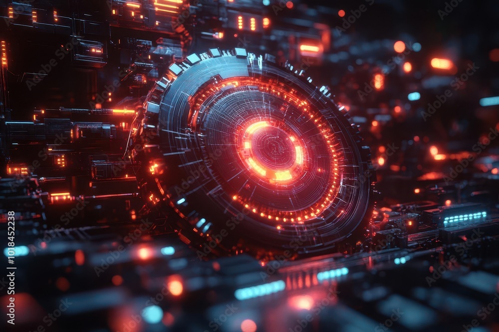 Obraz premium intricate futuristic gears floating in dark void glowing neon edges wireframe mesh overlay 3d geometric shapes particles dynamic composition cyberpunk aesthetic