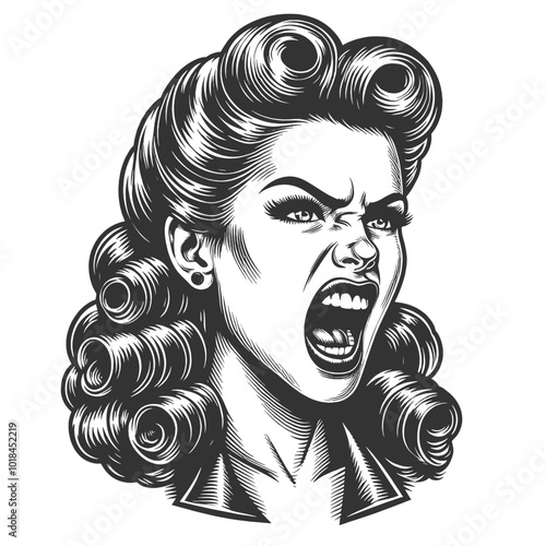 angry woman shouting, detailed facial expressions and vintage hairdo sketch engraving generative ai fictional character vector illustration. Scratch board imitation. Black and white image.