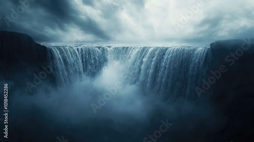 A waterfall ascends toward the sky, mist and vapor swirling in the air as the water defies gravity in an otherworldly scene.