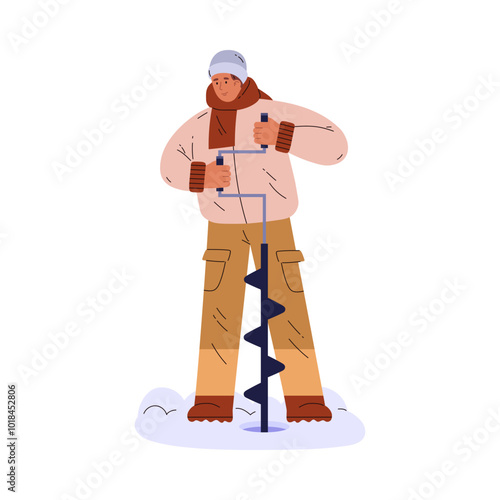 Vector illustration of a guy punching a hole in thick ice for winter fishing.