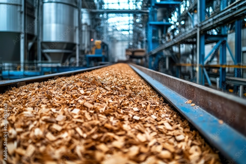 Wood Chips Flowing on Conveyor Belt in Industrial Facility Wood Chips Flowing on Conveyor Belt in Industrial Facility