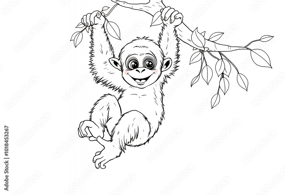 Cute Cartoon Monkey Hanging on Branch Black and White Illustration Animal Clip Art Cute Cartoon Monkey Hanging on Branch Black and White Illustration Animal Clip Art