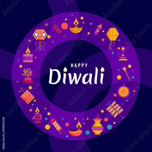 Happy Diwali festival of lights creative colorful flat elements. Vector Illustration.