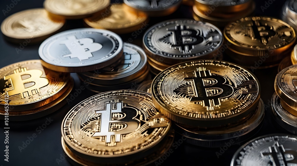 Stack of gold and silver bitcoin cryptocurrency coins on dark background Stack of gold and silver bitcoin cryptocurrency coins on dark background