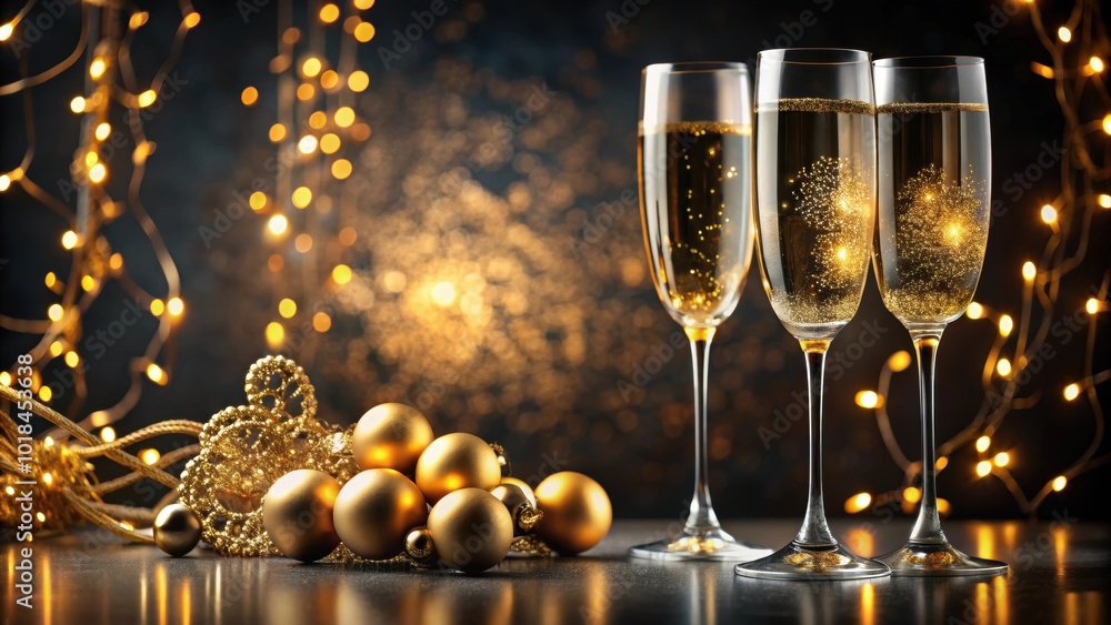 Festive champagne glasses surrounded by golden ornaments at night , celebration, holiday, champagne, glasses, golden, ornaments Festive champagne glasses surrounded by golden ornaments at night , celebration, holiday, champagne, glasses, golden, ornaments