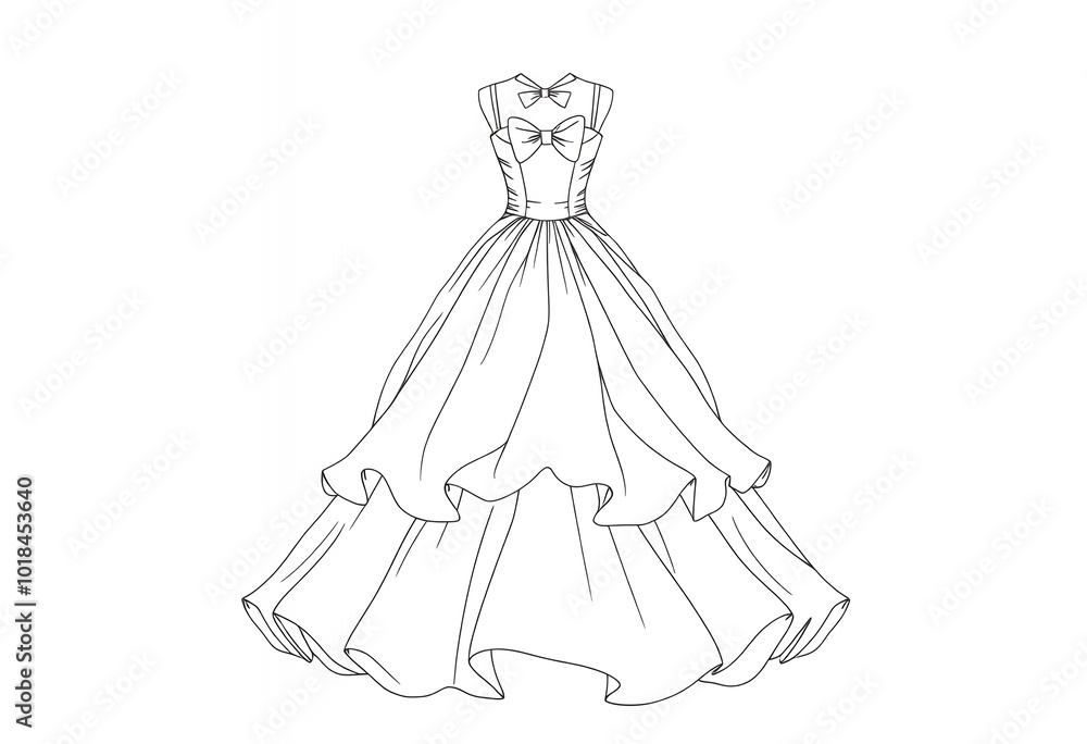 Fototapeta premium Elegant Dress Outline Illustration Fashion Design Bridal Gown Sketch Wedding Dress Lin