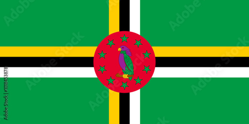 Official national flag of Dominica. Flag of the Commonwealth of Dominica. Correct proportions and colors. Vector illustration