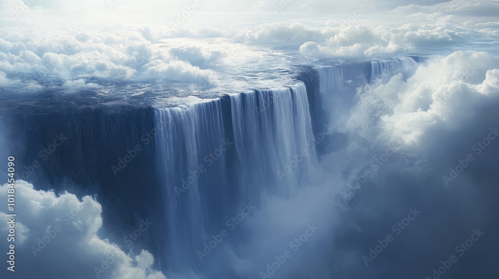 A waterfall flows upwards, defying gravity, with clouds of mist swirling around it, creating a dreamlike and surreal landscape. A waterfall flows upwards, defying gravity, with clouds of mist swirling around it, creating a dreamlike and surreal landscape.