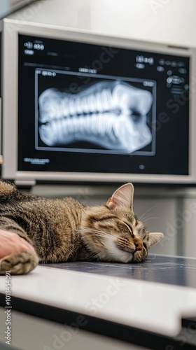 Cat Relaxing on Examination Table with X-ray Image in Background